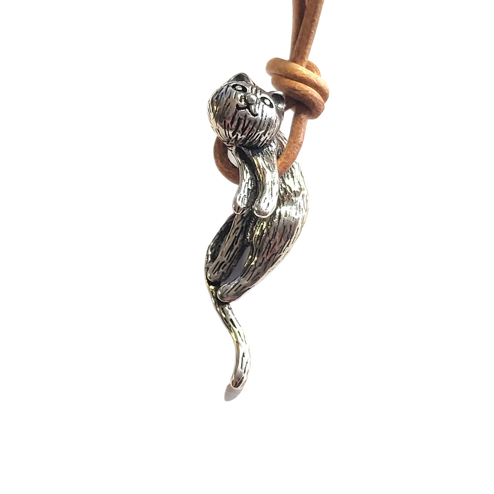 Antiqued Silver Tone  Dangling Kitty Cat Tan Adjustable Cord Pendant Necklace